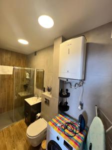 a small bathroom with a toilet and a sink at Apartament Lawendowy in Skarżysko-Kamienna