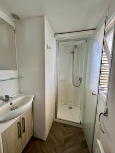 ein weißes Badezimmer mit Dusche und Waschbecken in der Unterkunft Un toit sur le bassin bungalow camping les viviers in Lège-Cap-Ferret