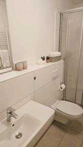 a white bathroom with a toilet and a sink at Westwind - schöne neue 2-Zi Whg 37qm für 1-4 Pers in Juist
