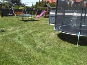 a playground with a trampoline in the grass at Domki letniskowe- Magnoliowa przystań in Firlej