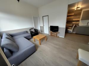 a living room with a blue couch and a table at Cosy 2-bedroom flat in Selfoss