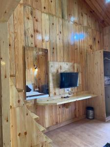 a room with a wooden wall with a television and a mirror at The Golden Castle Hotels in Mukteswar