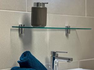 a soap dispenser on a glass shelf above a sink at Saint Maurice Design Home in Stiring-Wendel +8 photos