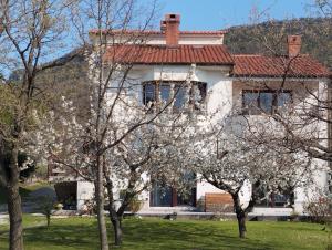 a white house with a red roof and trees at DAAL in Roč