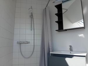 a bathroom with a shower and a sink at Bed and Boat in Præstø +20 photos