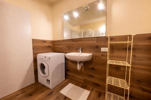 Un baño con lavadora y lavabo. en MaR Maturi Appartamenti con due bagni ideali per 6 e 10 persone nel centro di Campiglio, en Madonna di Campiglio 60 fotos más