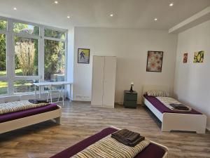BaienfurtにあるBaienfurt - large house with 3 apartments with 3-4 bedrooms near Ravensburgのベッドが2つと机がある部屋