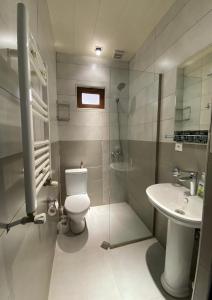 a bathroom with a toilet and a shower and a sink at North Kazbegi in Kazbegi +21 photos