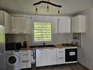 a kitchen with white cabinets and a sink and a washer at Kaz a kann là in Petit-Canal