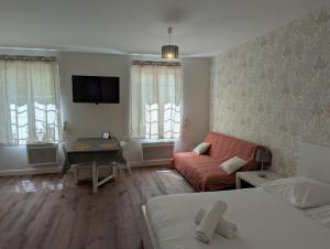 un salon avec un canapé et une table dans l'établissement Studios du Marché au Bois, à Périgueux