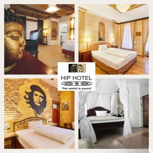 a collage of pictures of a hotel room at HIP Hotel in Heidelberg