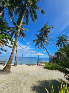 a bench on a beach with palm trees and the ocean at L&A Homestay Siargao Beach Resort in General Luna +16 photos