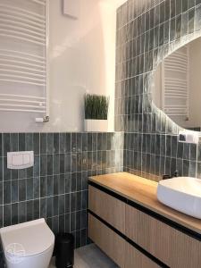 a bathroom with a sink and a toilet and a mirror at Apartament na wydmie - Perłowa Przystań in Sianozety +22 photos