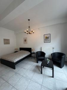 ein Schlafzimmer mit einem Bett und zwei Stühlen und einem Tisch in der Unterkunft Studio center of Mons in Mons