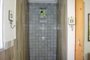 a bathroom with a shower with green bottles in it at Hermanus Josh in Hluhluwe