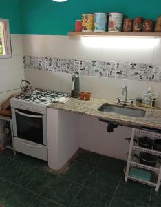 une cuisine avec une cuisinière et un évier dans l'établissement La Casita Puelo, à Lago Puelo