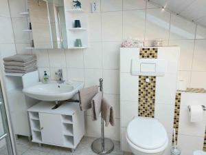 a small bathroom with a toilet and a sink at Cebullas Ferienwohnung in Herzberg am Harz +10 photos