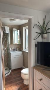 a bathroom with a toilet and a sink and a television at Beautiful Property Close To London in Potters Bar