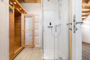 a shower with a glass door in a bathroom at Ferienhaus Strandläufer Olpenitz in Olpenitz