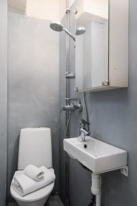 une salle de bain avec toilettes, lavabo et miroir dans l'établissement Cozy Renovated Studio in Kallio near Metro Station, à Helsinki