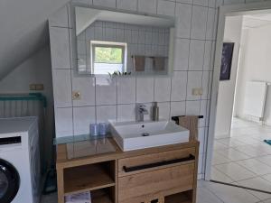 ein Badezimmer mit Waschbecken und Waschmaschine in der Unterkunft Ferienwohnung An der Karlskuppe in Eisenach