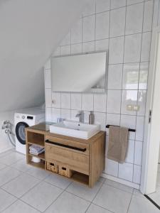ein Badezimmer mit Waschbecken und Waschmaschine in der Unterkunft Ferienwohnung An der Karlskuppe in Eisenach