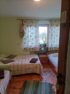 a bedroom with two beds and a window at Agroturystyka Przy Wąwozie in Karmanowice