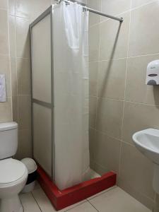 a bathroom with a shower with a toilet and a sink at Hostal Skyblue in Asia +2 photos