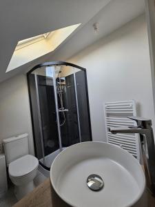 a bathroom with a sink and a shower with a toilet at L'Authentique, Studio 5 in Loudéac +4 photos