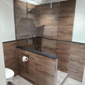 a bathroom with a shower with wooden walls and a toilet at FeWo in Bleicherode