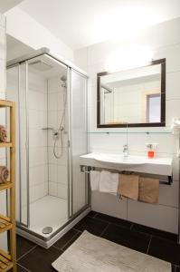 ein Bad mit einer Dusche und einem Waschbecken in der Unterkunft Ambiente Appartements in Ischgl