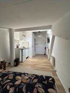 a living room with a kitchen and a hallway at Studio 50m de la mer in Menton