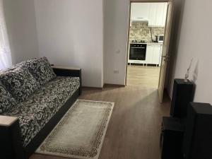 a living room with a couch and a kitchen at Relax and Explore the City in Chişinău +7 photos