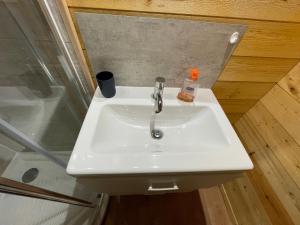 a white sink in a bathroom next to a shower at Chalet Disney 25min linge compris in La Celle-sur-Morin