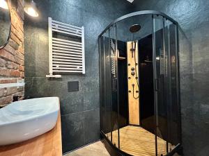 a bathroom with a shower and a sink at Sky Mirror jacuzzi in Krakow