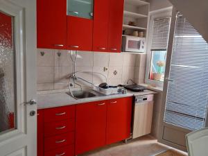 a small kitchen with red cabinets and a sink at Apartman u Nisu in Niš