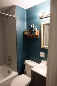 La salle de bains est pourvue de toilettes blanches et d'un mur bleu. dans l'établissement Sunshine Cottage 2 bedroom in duplex, à Hastings