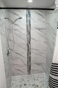 a bathroom with a shower with a glass door at One Bed Retreat in Long Branch in Long Branch +11 photos