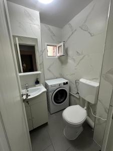 y baño con lavamanos y lavadora. en Victory Apartament, en Ocna-Mureşului