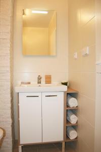 a bathroom with a sink and a mirror and towels at Apartment Lea in Prague