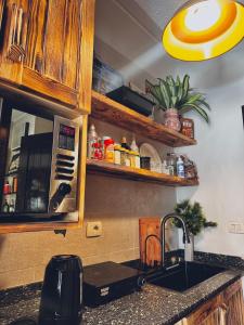 eine Küchentheke mit Spüle und Mikrowelle in der Unterkunft Yari serenity spot in Raʼs Matarma