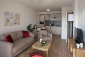 a living room with a couch and a tv and a kitchen at Domitys Les Gréements d'Or in Douarnenez