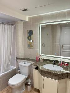 亚历山大Cozy Apartment On San Stefano Grand Plaza Towers的配有马桶、水槽和镜子的浴室