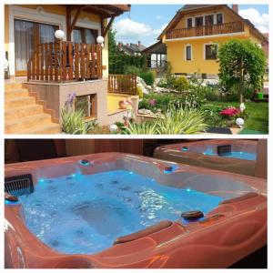 dwa zdjęcia jacuzzi przed domem w obiekcie Apartman Siesta Bük - Bükfürdő w mieście Bük