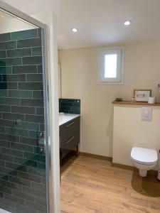 a bathroom with a shower and a toilet and a sink at La Loubière - le gîte au cœur de la nature in Combret +8 photos
