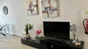 a living room with a flat screen tv on a table at Casa Berlenga in Peniche