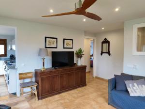 a living room with a blue couch and a flat screen tv at Allotjament Cal Bru in Sant Llorenç de Morunys