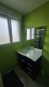 a green bathroom with a sink and a mirror at Maison de la plage Vendée Notre-Dame-de-Monts 700m de la mer in Notre-Dame-de-Monts +50 photos