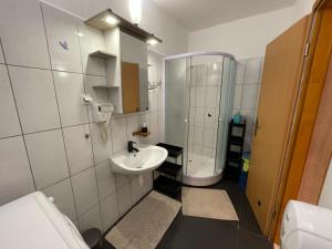 a bathroom with a sink and a shower and a toilet at Villa Korčula in Vela Luka +78 photos