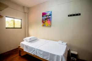 伊基托斯Amazon View Hostel的一间医院房间,里面设有一张床,墙上挂着一幅画